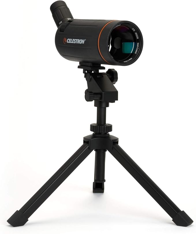 Celestron 52238 Mini Mak 70mm Angled Spotting Scope – Maksutov Spotting Scope – Great for Long Range Viewing – 25–75x Zoom Eyepiece – Multi-Coated Optics – Rubber Armored – Tabletop Tripod Included
