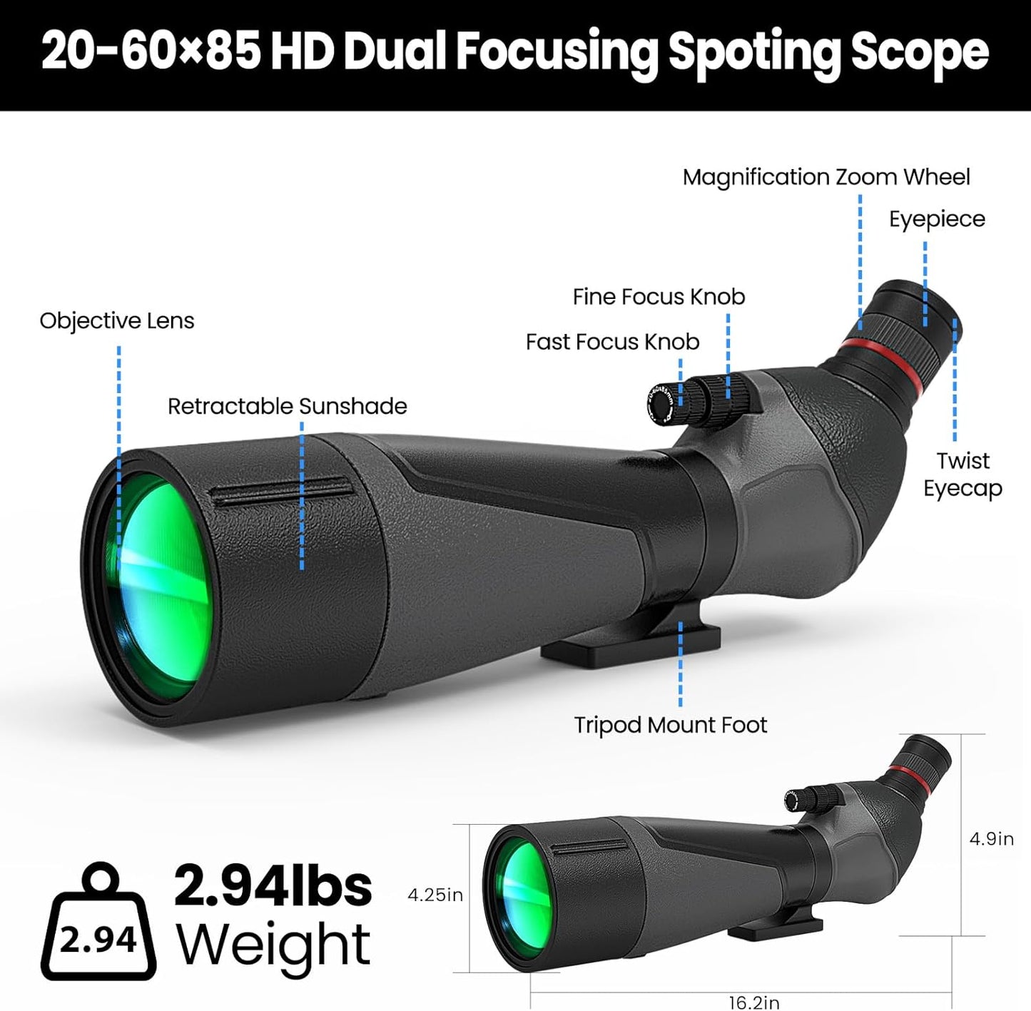 Gosky 20-60x80 Spotting Scope with Phone Adapter, Dual Focusing Waterproof Spotting Scopes for Target Shooting Bird Watching Hunting Wildlife Safari Viewing, BAK4 FMC Spotter Scope with Carrying Case