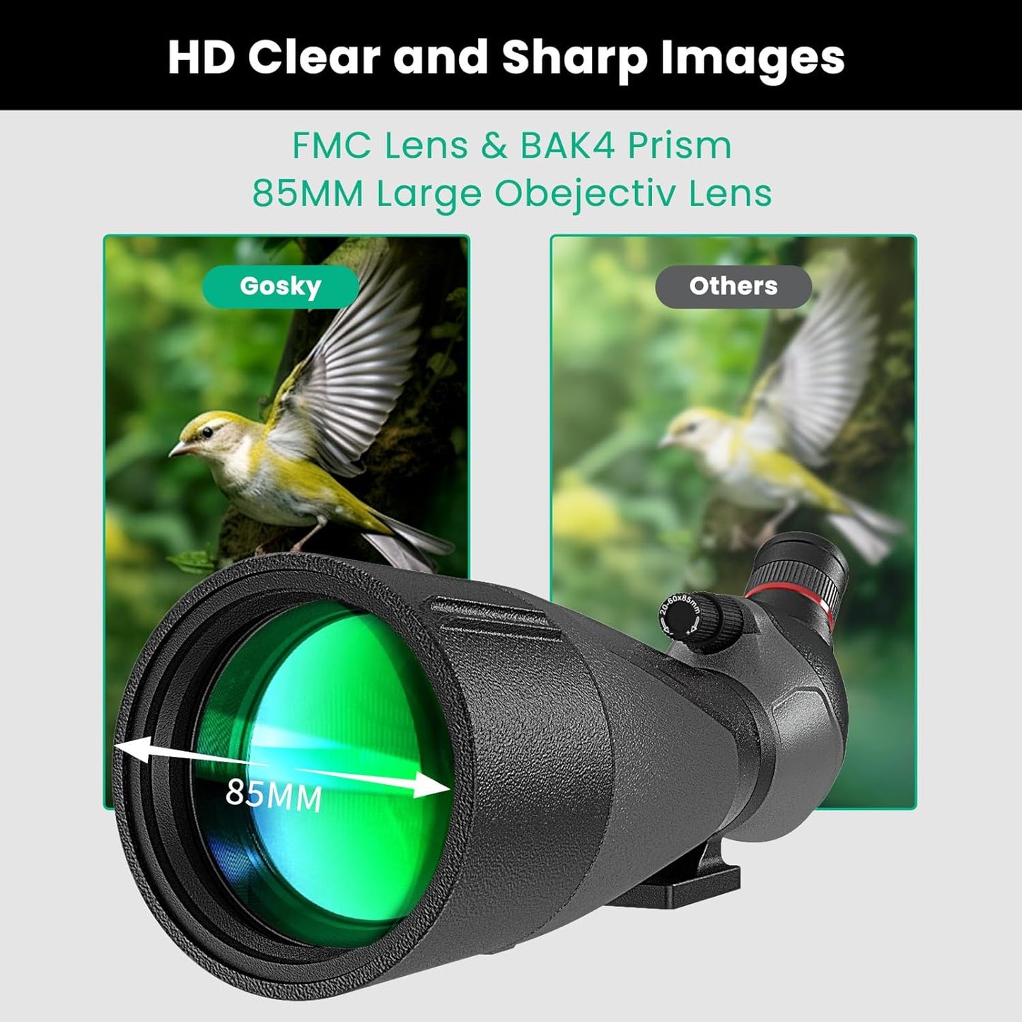 Gosky 20-60x80 Spotting Scope with Phone Adapter, Dual Focusing Waterproof Spotting Scopes for Target Shooting Bird Watching Hunting Wildlife Safari Viewing, BAK4 FMC Spotter Scope with Carrying Case