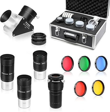 Astromania Telescope Accessory Kit 2 Inch Telescope Eyepiece Filter Set Deluxe with 3pcs Kellner Eyepiece Set, 5pcs Colored Filter Set, Barlow Lens 2X ED, 2 Inch Diagonal Mirror & Sturdy Carry Case