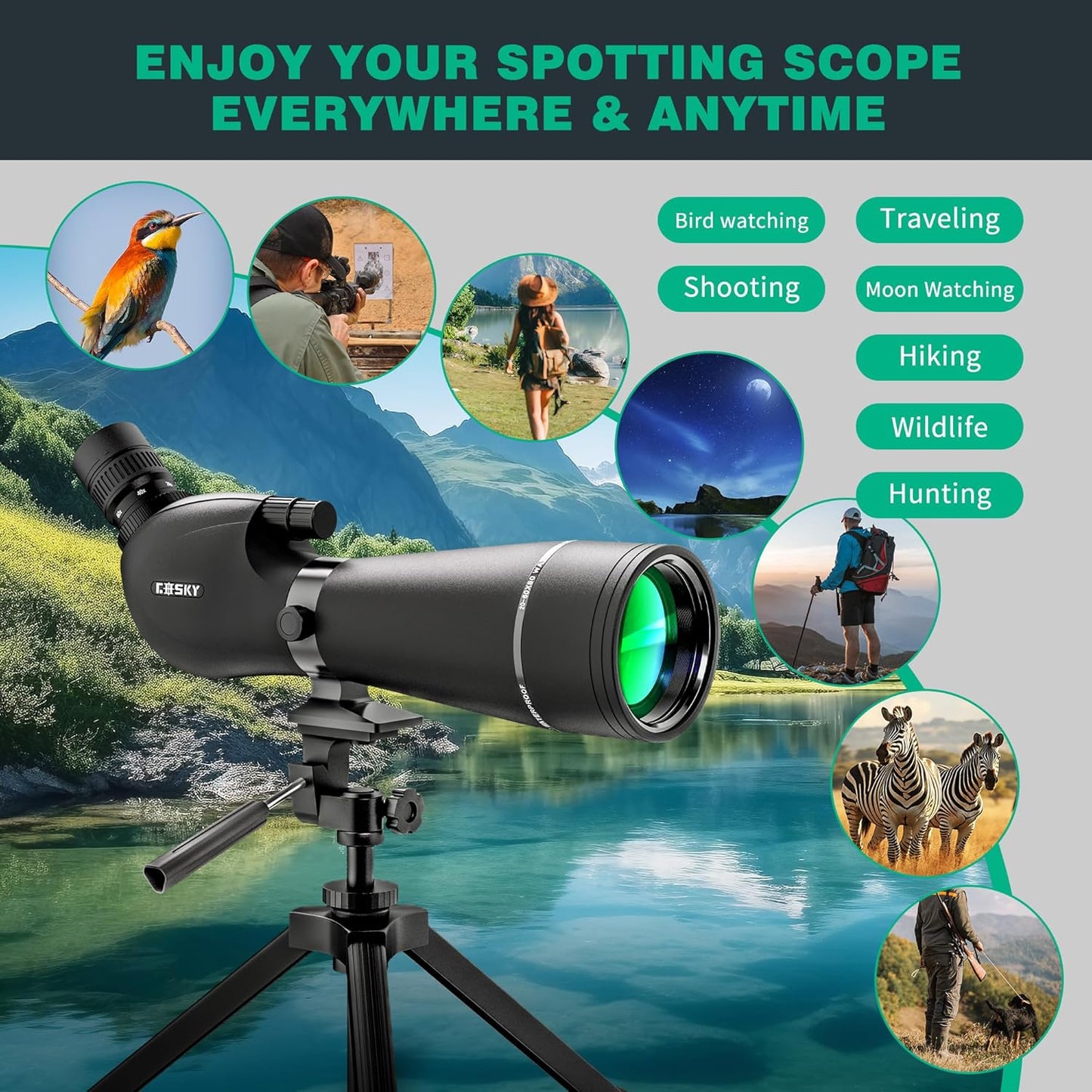 Gosky 20-60x80 Spotting Scope with Phone Adapter, Dual Focusing Waterproof Spotting Scopes for Target Shooting Bird Watching Hunting Wildlife Safari Viewing, BAK4 FMC Spotter Scope with Carrying Case
