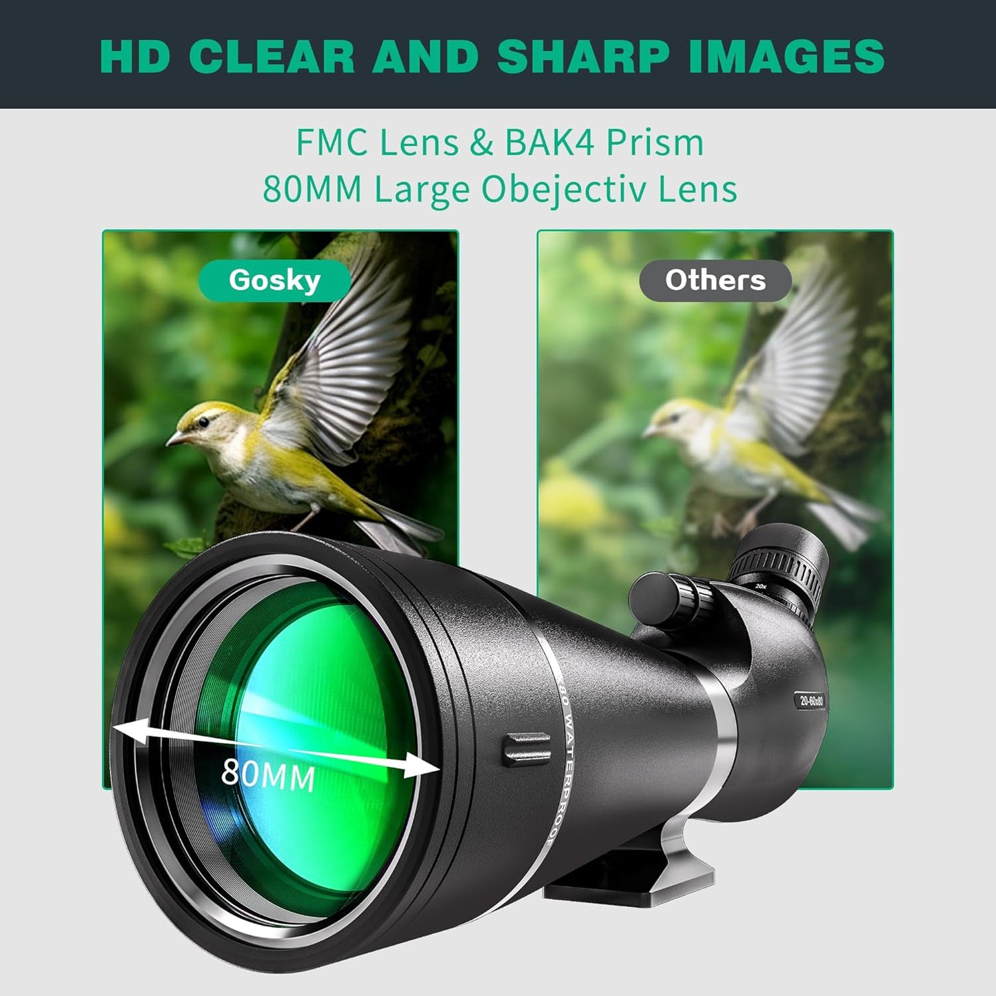 Gosky 20-60x80 Spotting Scope with Phone Adapter, Dual Focusing Waterproof Spotting Scopes for Target Shooting Bird Watching Hunting Wildlife Safari Viewing, BAK4 FMC Spotter Scope with Carrying Case